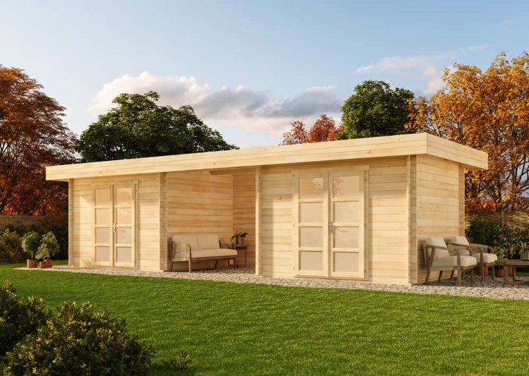 Alpholz Gartenhaus Johann-28 Gartenhaus aus Holz, Holzhaus mit 28 mm Wandstärke inklusive Terrasse FSC zertifiziert, Blockbohlenhaus mit Montagematerial