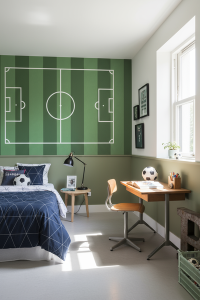 Jugendzimmer mit Fussballfeld-Wand, Bett und Schreibtisch