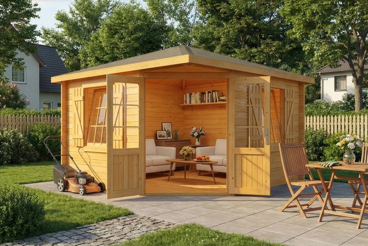 Holzgartenhaus mit geöffneten Türen, Rasenmäher, Gartentisch und Stühlen in einem Garten