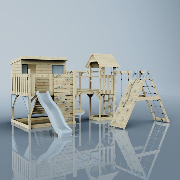 Holzspielturm mit Rutsche, Kletterwand und Kletterseil