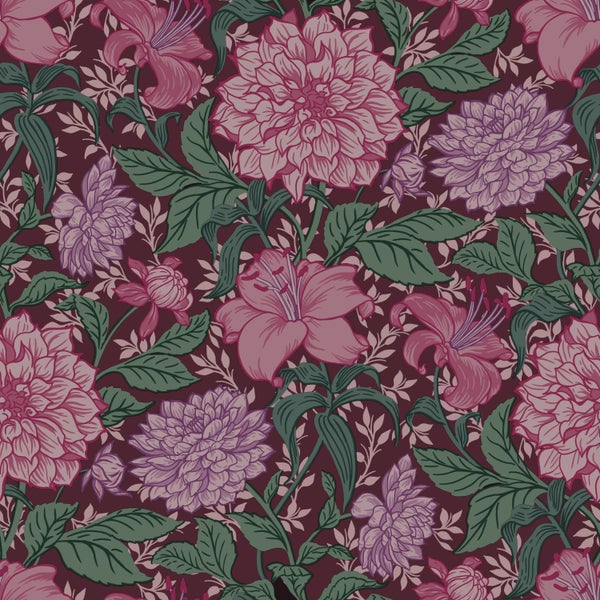 ESTAhome Tapete Blumenmuster Bonbonrosa, Lila und Grün - 50 x 900 cm - 131128