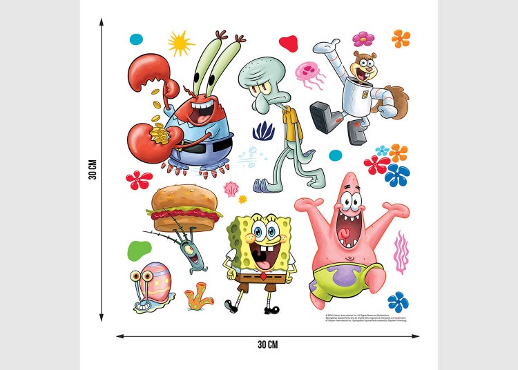 Wandsticker Set mit Charakteren aus SpongeBob Schwammkopf, wie SpongeBob, Patrick, Thaddäus und Mr. Krabs, Maße 30 mal 30 Zentimeter.