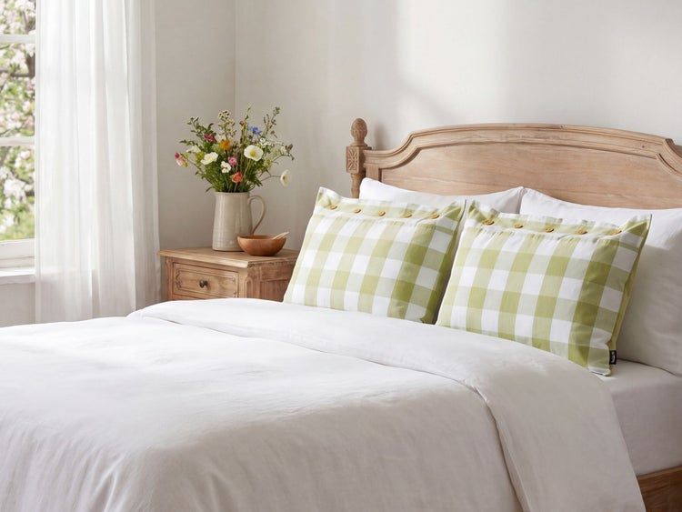 Schlafzimmer mit Holzbett, weißer Bettwäsche und grün-weiß karierten Kissen. Ein hölzerner Nachttisch mit Blumenstrauß steht neben dem Bett.