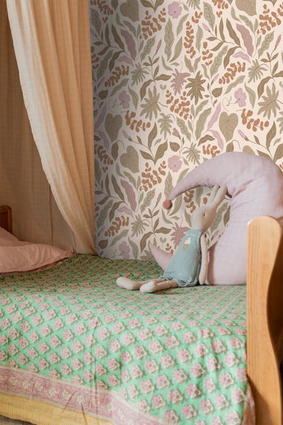 ESTAhome Tapete Blätter und Blumen Beige, Terrakotta und Lila - 50 x 900 cm - 131051