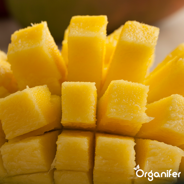 Nahaufnahme einer in Würfel geschnittenen Mango mit dem Organifer Logo.