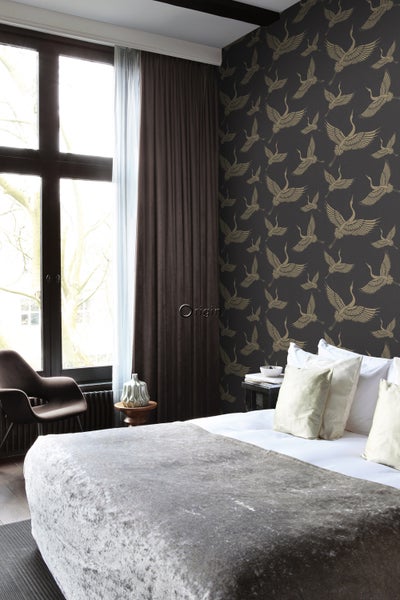 Origin Wallcoverings Tapete Kraniche Schwarz und Beige - 50 x 900 cm - 347810