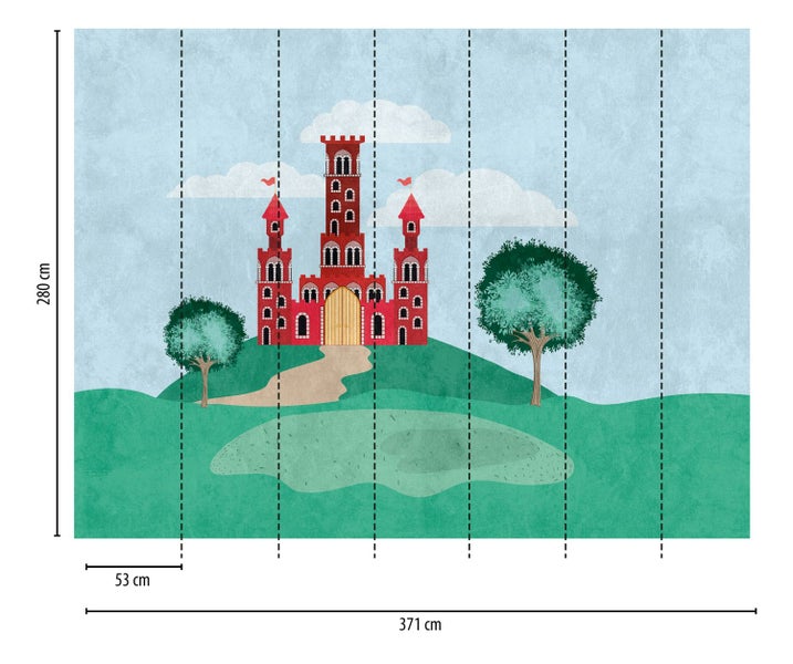 Wandbild mit Burg und Baumillustration mit Maßangaben