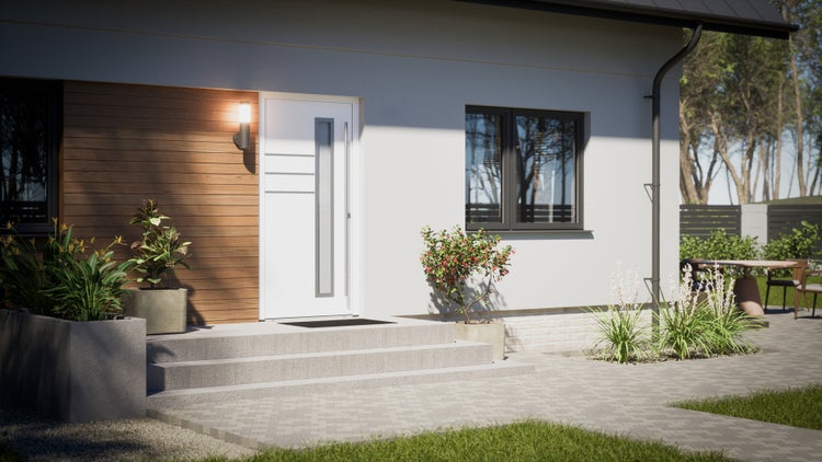 Moderne Haustür mit Griffstange und horizontalen Zierleisten