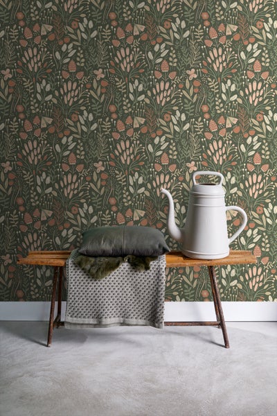 ESTAhome Tapete Blätter und Blumen Grün und Terrakotta - 50 x 900 cm - 131383