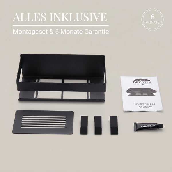 Schwarzes Dekazia Duschablage-Set aus Edelstahl mit Bodenplatte, drei Haken, Montagekleber, Anleitung und sechs Monaten Garantie.