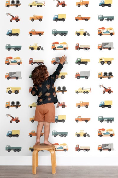 ESTAhome XXL-Vliestapete Lastwagen und Traktoren Gelb, Orange und Blau - 50 x 900 cm - 159048