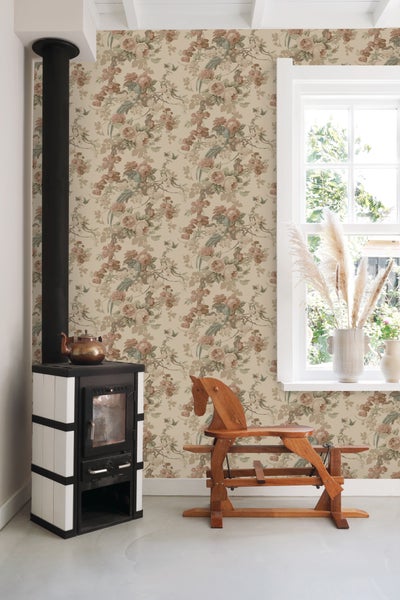 ESTAhome Tapete Blumen und Vögel Beige - 50 x 900 cm - 139808