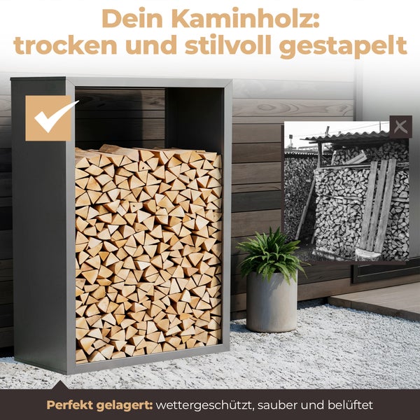 Modernes Kaminholzregal aus Metall mit ordentlich gestapeltem Brennholz im Außenbereich, geschützt vor Witterung und gut belüftet.