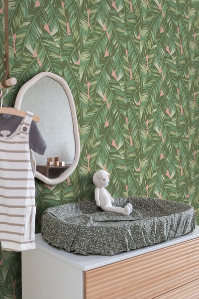 ESTAhome Tapete Bananenblätter Olivgrün und Pfirsichrosa - 53 cm x 10.05 m - 139015