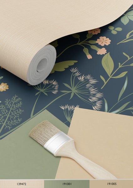 ESTAhome Tapete Feldblumen Dunkelblau, Grün und Rosa - 53 cm x 10.05 m - 139698