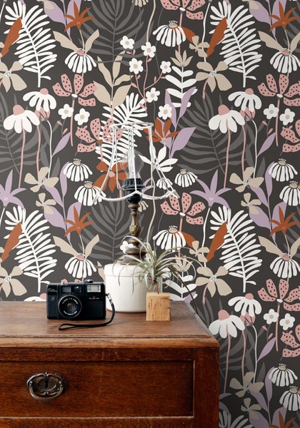 ESTAhome Tapete tropische Blätter und Blüten Grau und Mehrfarbig - 50 x 900 cm - 131001