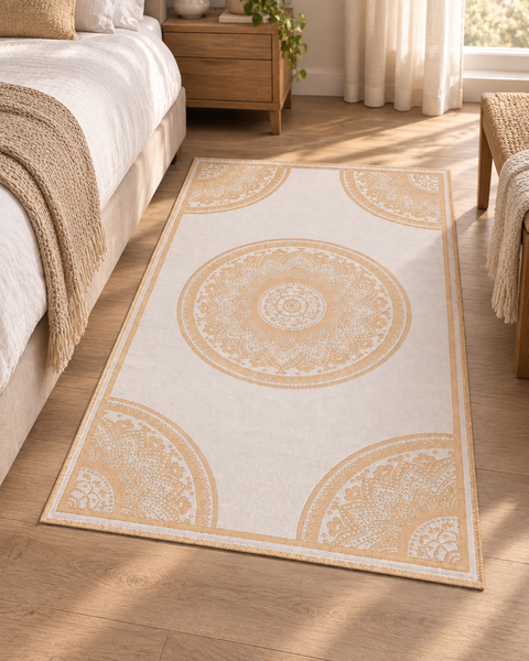 Ein rechteckiger Teppich mit kreisförmigem Mandala Muster in einem modernen Schlafzimmer mit Holzfußboden.
