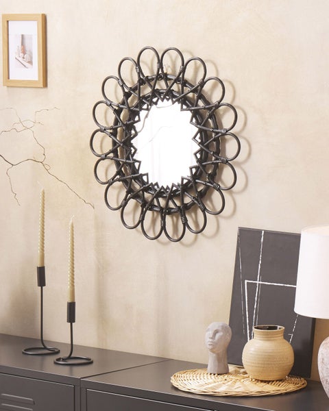 Wandspiegel BABAI 60 cm 60 cm Rattan Schwarz