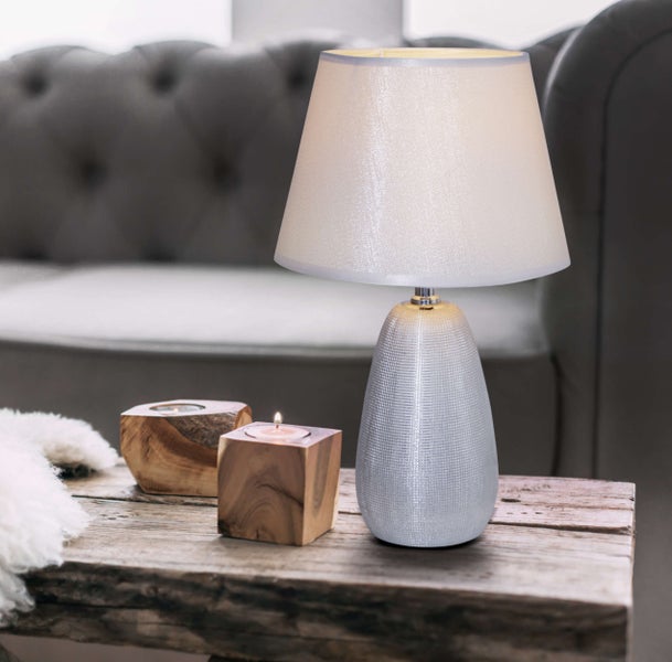 Keramik Tischleuchte h: 37cm SIMLY CERAMICS,  Tischlampe aus Keramik, silber, mit E14-Fassung, für Esszimmer, Wohnzimmer, Diele oder Büro, 31 cm hoch