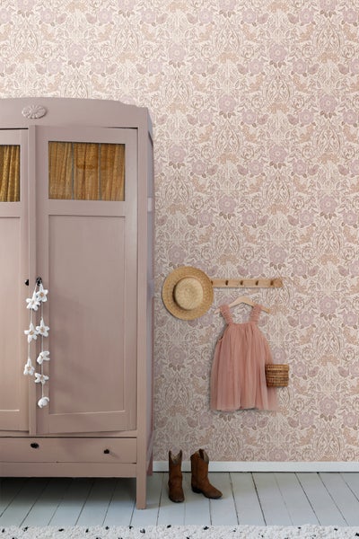 ESTAhome Tapete Blumen und Vögel Sandbeige und Violett - 53 cm x 10.05 m - 139829
