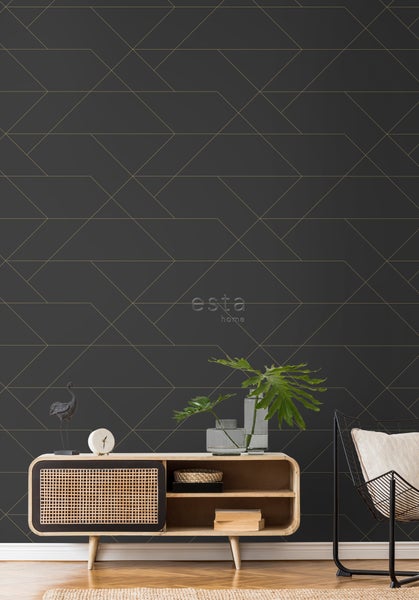 ESTAhome Tapete grafische Linien Schwarz und Gold - 53 cm x 10.05 m - 139144
