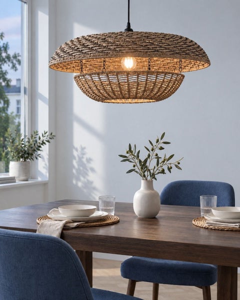 Hängeleuchte aus Rattan in geflochtener Optik über einem gedeckten Holzesstisch in einem modernen Esszimmer.