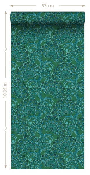 ESTAhome Tapete Blumenmuster Dunkelgrün - 50 x 900 cm - 131090