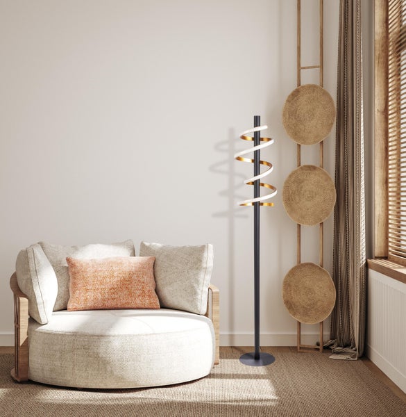 LED-Stehleuchte BELLEZA, moderne Stehlampe aus Metall und Kunststoff in Schwarz, Gold und Weiß, mit fest verbauten LEDs, 140 hoch, Beleuchtung für Wohnzimmer, Esszimmer, Schlafzimmer oder Büro.