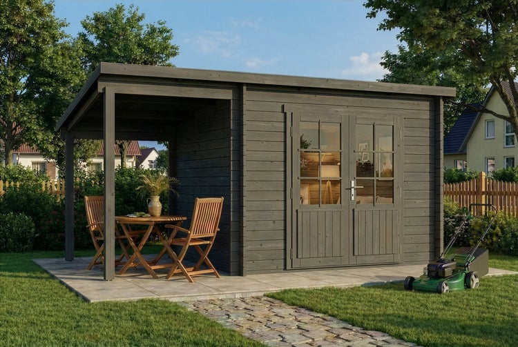 Gartenhaus aus Holz mit Pultdach, integrierter Terrasse mit Sitzgruppe und offenem Innenraum mit Werkbank und Gartenutensilien.