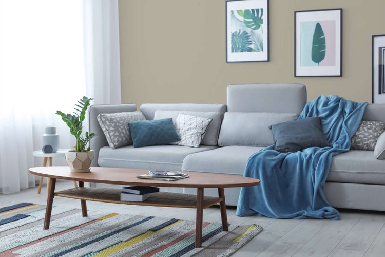 Modernes, helles Wohnzimmer mit grauem Sofa, Holz-Couchtisch, gestreiftem Teppich und beigefarbenen Wänden mit botanischen Bildern.