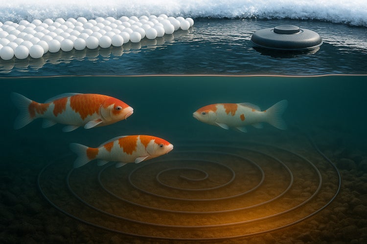 Teich mit Koi, Eisschutzbällen, Teichheizer und Eisfreihalter