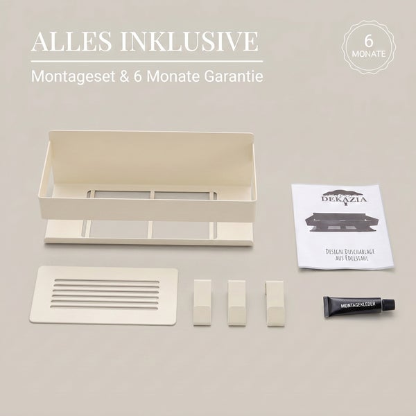 Dekazia Duschablage-Set aus Edelstahl inklusive drei Haken, Montagekleber, Montageplatte und Anleitung mit sechs Monaten Garantie.