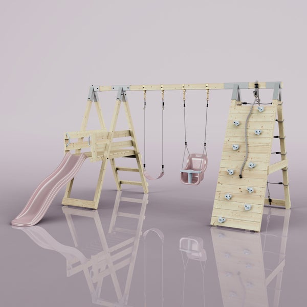 Spielturm aus Holz mit Rutsche, zwei unterschiedlichen Schaukeln und Kletterwand mit Klettersteinen und Seil.