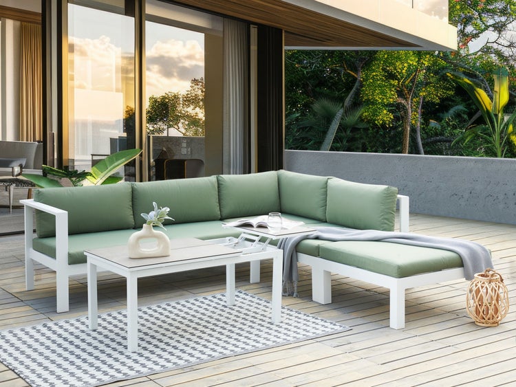 Gartensitzgruppe mit Ecksofa, Tisch und Hocker auf einer Terrasse