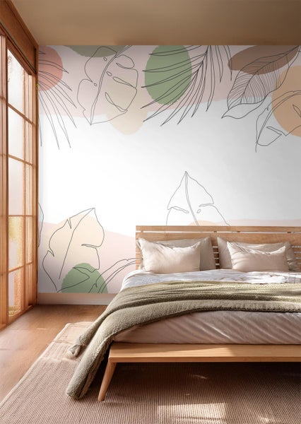 Helles Schlafzimmer mit modernem Wandbild mit Blättern