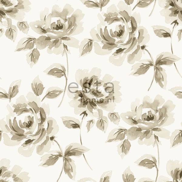 ESTAhome Tapete Aquarell gemalte Rosen Beige und Braun - 53 cm x 10.05 m - 128012