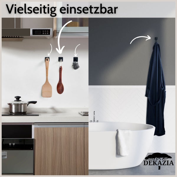 Vielseitige Wandhaken in Küche und Badezimmer. In der Küche hängen Kochutensilien, im Bad ein Bademantel neben der Badewanne. Dekazia Logo.