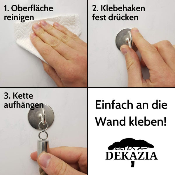 Anleitung zur Montage eines Dekazia Klebehakens in drei Schritten inklusive Reinigung der Oberfläche und Befestigung an der Wand.