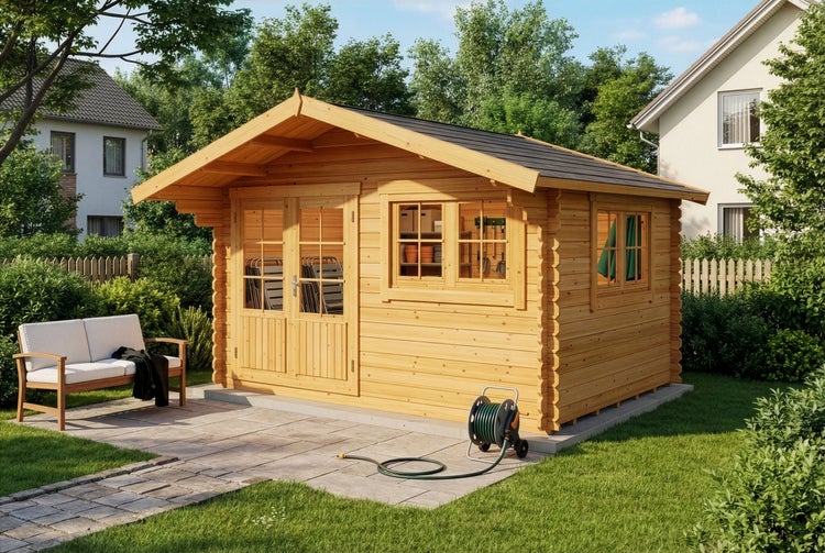 Holzgartenhaus mit Fenster und Doppeltür neben einer Bank und einem Schlauchwagen