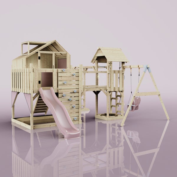 Spielplatz aus Holz mit Rutsche, Schaukel und Kletterwand