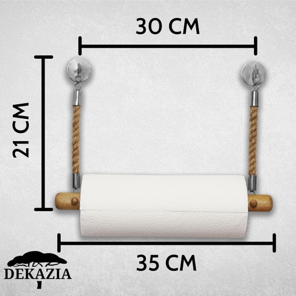 Dekazia Küchenrollenhalter aus Juteseil und Holz, Gesamtbreite 35 Zentimeter, Halterungsabstand 30 Zentimeter, Höhe 21 Zentimeter, Dekazia Logo.