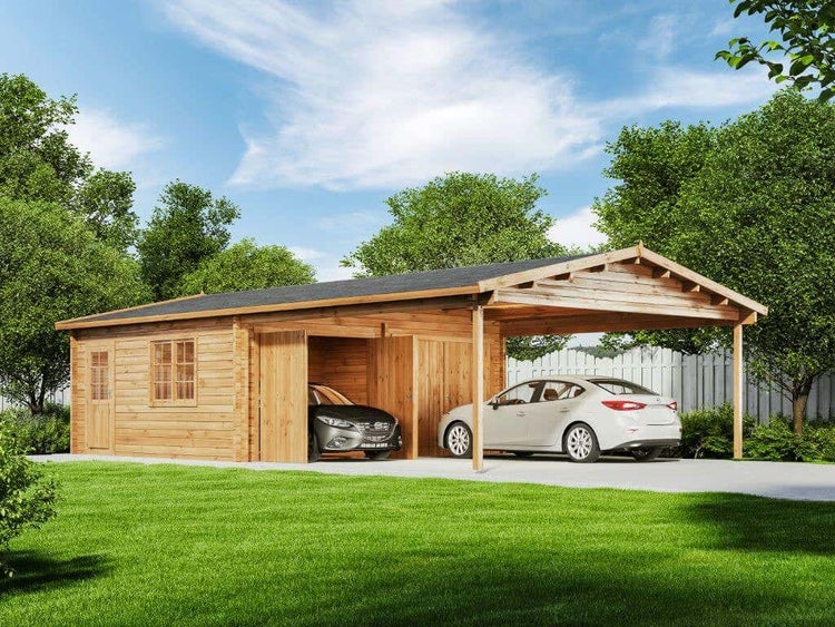 Alpholz Doppelgarage mit Carport Falun-70 ISO Garage aus Holz in natur, Unterstellplatz mit 70 mm Wandstärke inklusive Geräteraum, Fertiggarage mit Montagematerial imprägniert