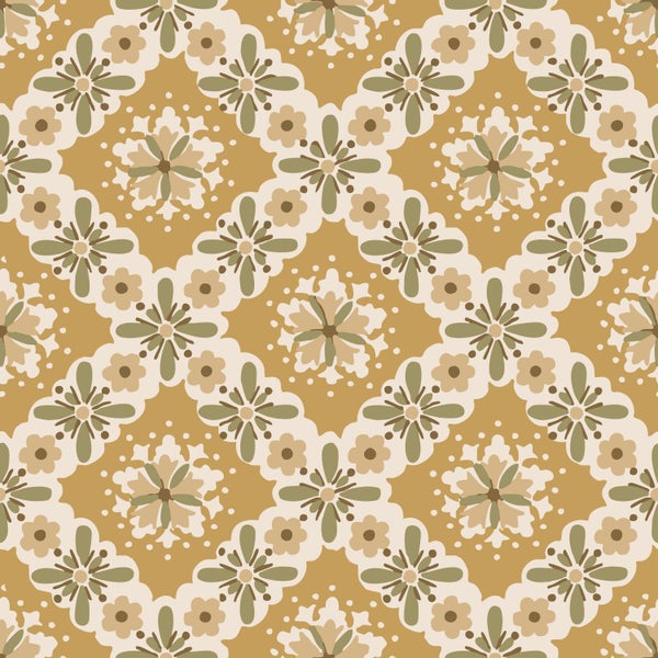 ESTAhome Tapete Blumenmuster Ockergelb und Grün - 50 x 900 cm - 131503