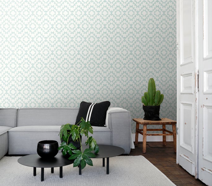 ESTAhome Tapete Marrakescher Aztec-Teppich Pastell Mintgrün und Weiß - 53 cm x 10.05 m - 148674