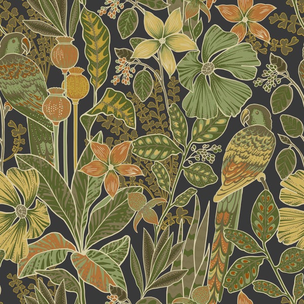 ESTAhome Tapete tropischen Blumen und Paradiesvögeln Olivgrün - 50 x 900 cm - 131160