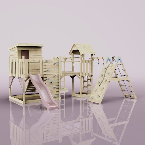 Holzspielplatz mit Rutsche, Kletterwand und Spielhaus