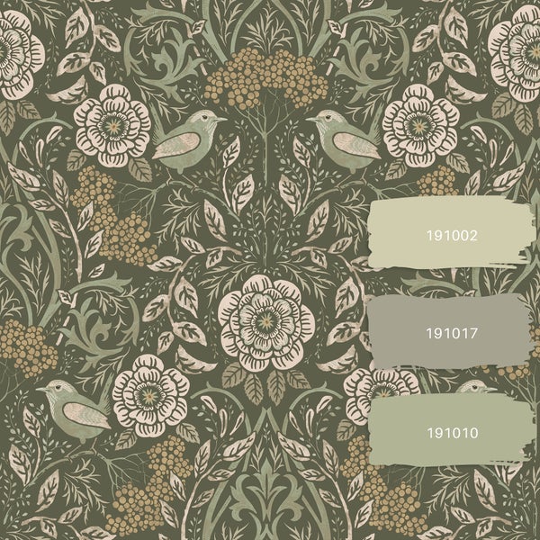 ESTAhome Tapete Blumen und Vögel Dunkelgrün - 53 cm x 10.05 m - 139831