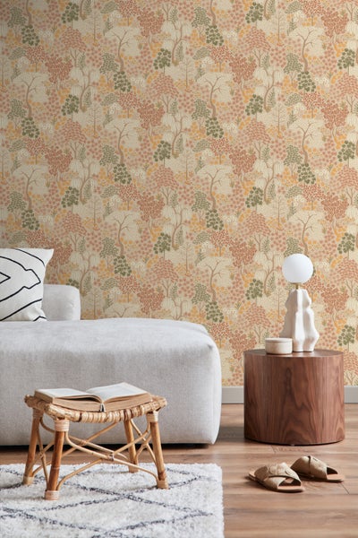 ESTAhome Tapete Bäumen und Blumen Beige, Terrakotta und Grün - 50 x 900 cm - 131186