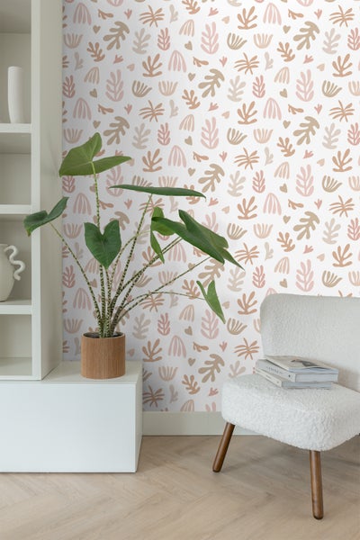 ESTAhome Tapete Pflanzen im Matisse-Stil Beige, Rosa und Weiß - 50 x 900 cm - 131017