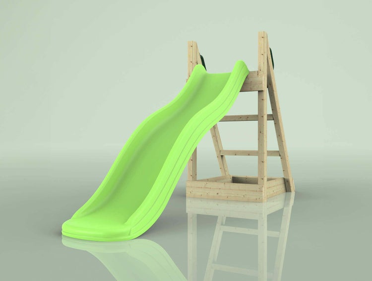 Grüne Kinderrutsche aus Kunststoff mit Holzgestell und integriertem Sandkasten.